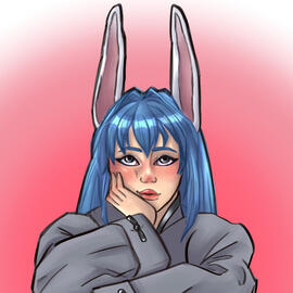 Girl with blue hair and bunny ears blushing and posing with her chin in her hand a dreamy look in her eyes.